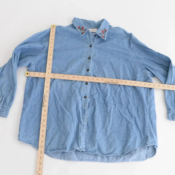 Vintage  Susan Bristol Blue Button Up Floral Collar Denim Chambray Shirt 3W - Picture 2 of 12